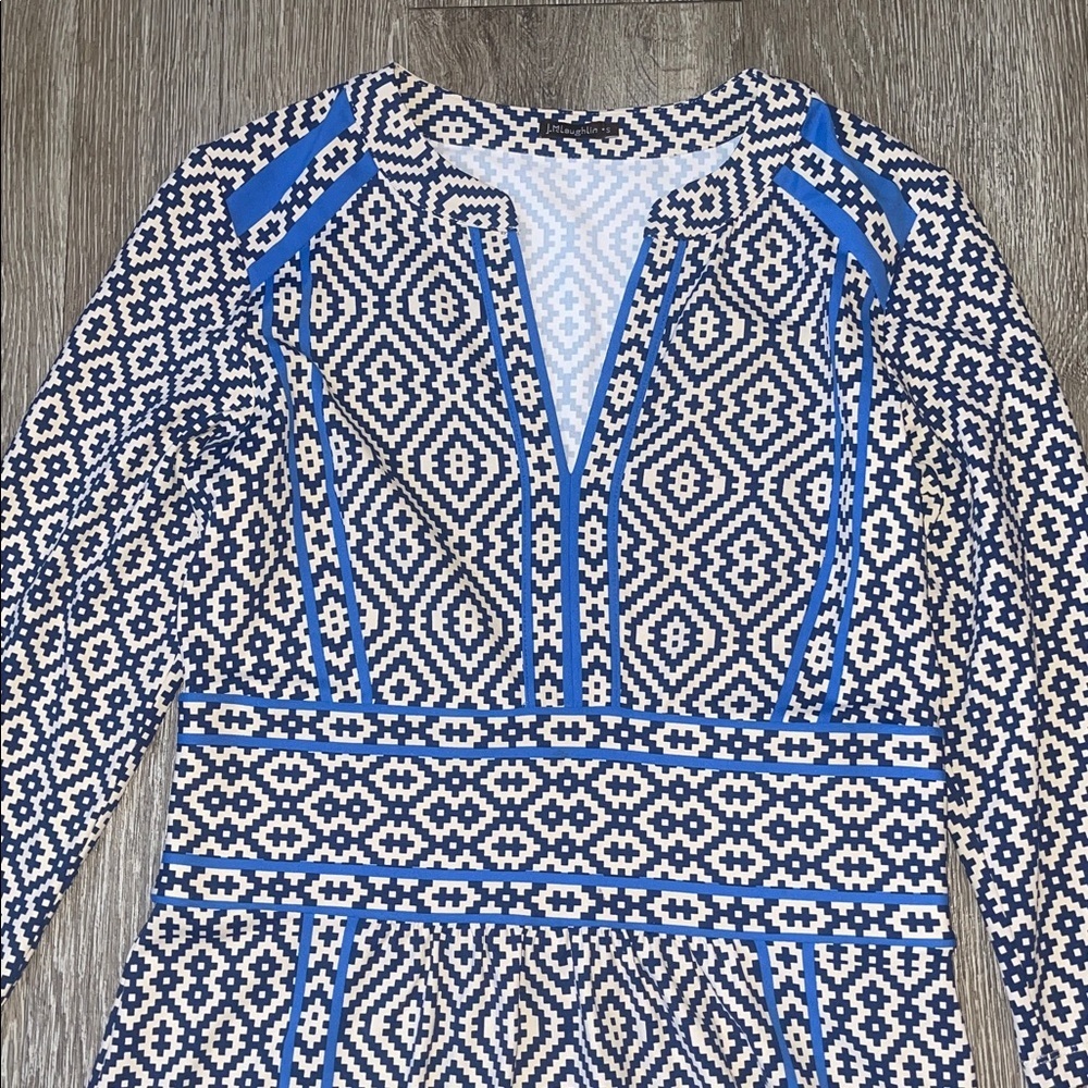 J. McLaughlin Geometric Long Sleeve Dress blue business casual geo print - Picture 3 of 9